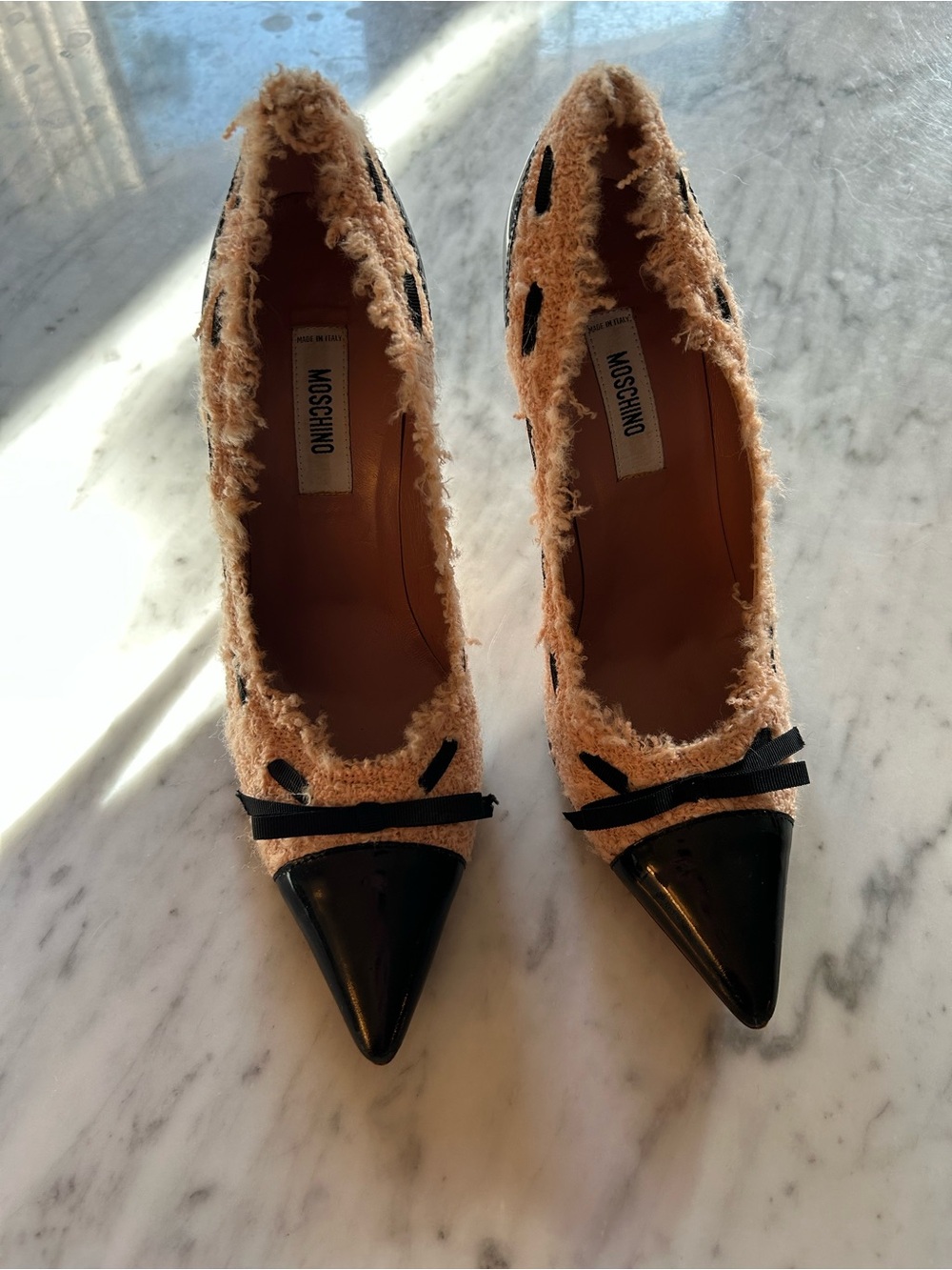 Moschino Black Patent Pointed-Toe Pumps with Pink Fuzzy Trim